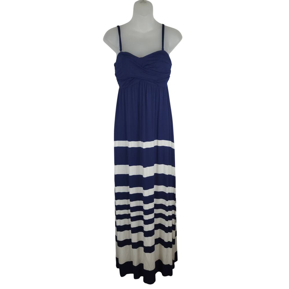 Soma Bandeau Maxi Strapless Crossover Dress in Nautical Navy White Stripe S NWT